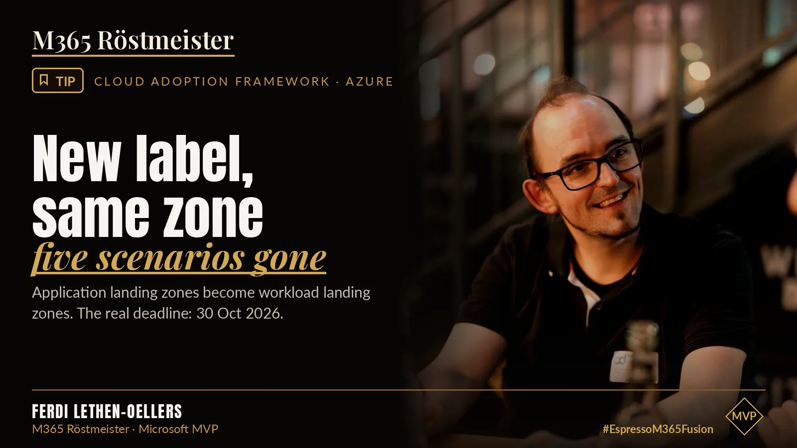 Ferdi Lethen-Oellers next to the lettering “New label, same zone – five scenarios gone”