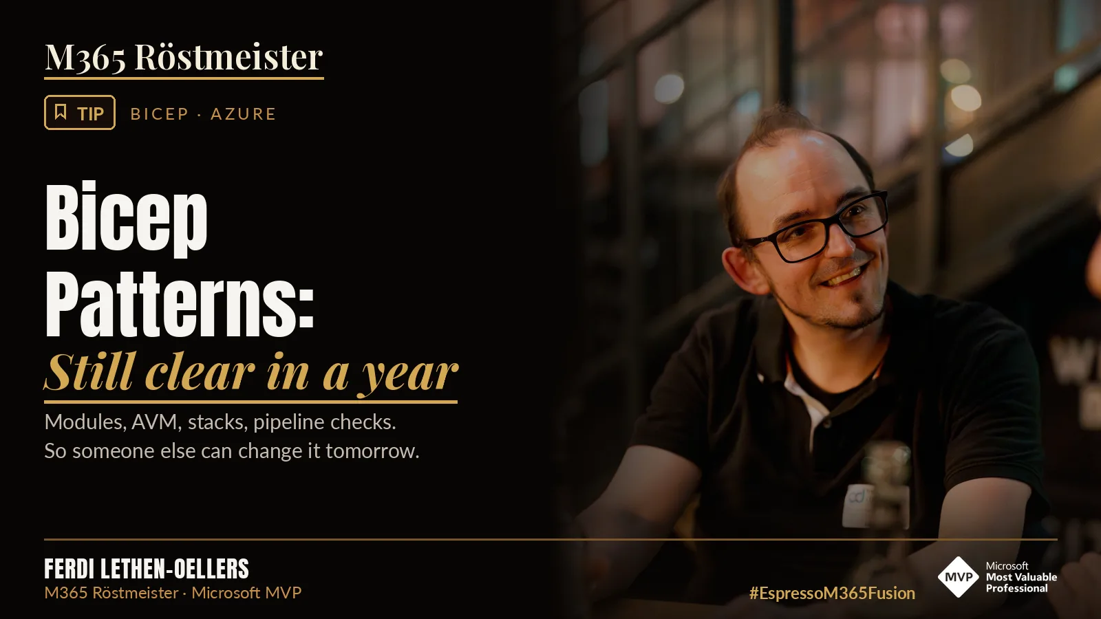 Ferdi Lethen-Oellers next to the lettering “Bicep Patterns: still clear in a year”