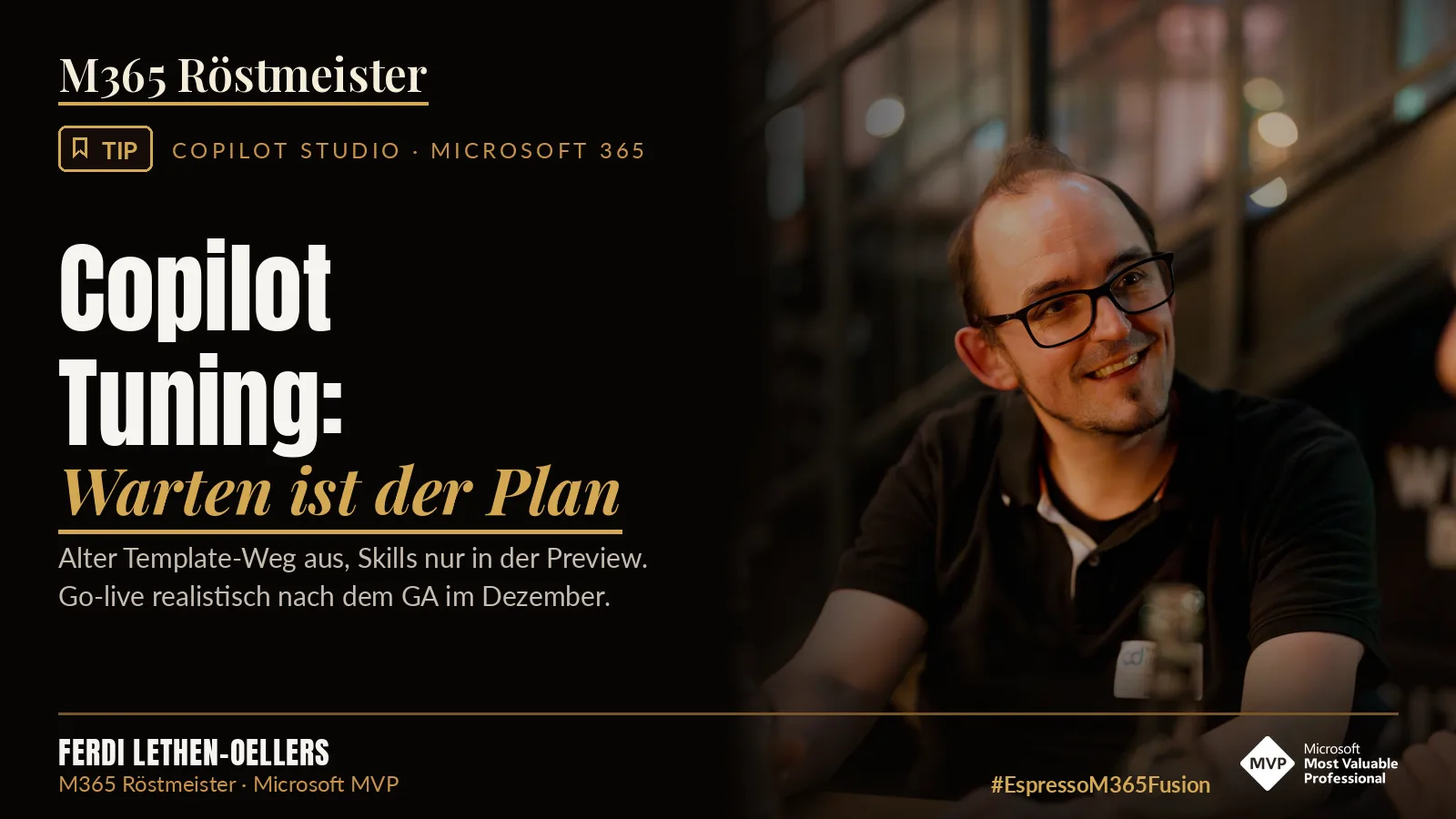 Ferdi Lethen-Oellers next to the lettering “Copilot Tuning: Warten ist der Plan”