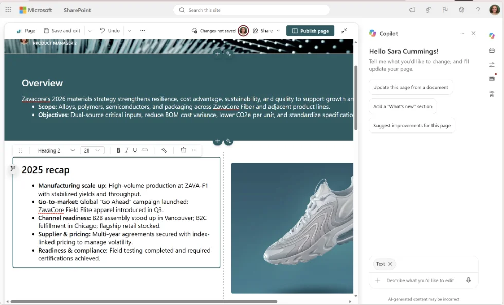 SharePoint page in edit mode with the selected text section 2025 recap and the Copilot pane on the right showing the selection as Text