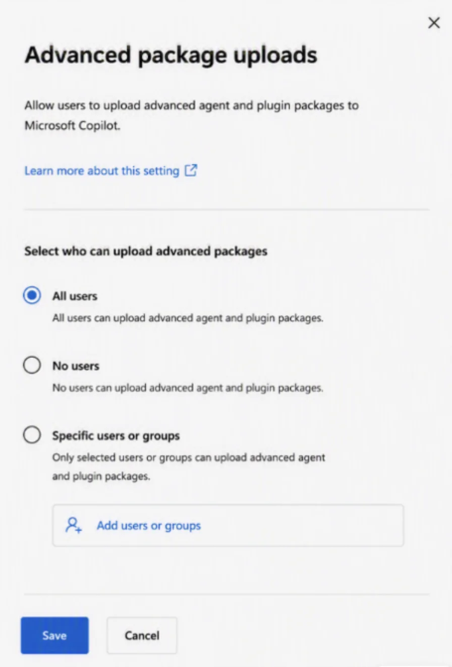 Einstellungsdialog Advanced package uploads mit den drei Optionen All users, No users und Specific users or groups