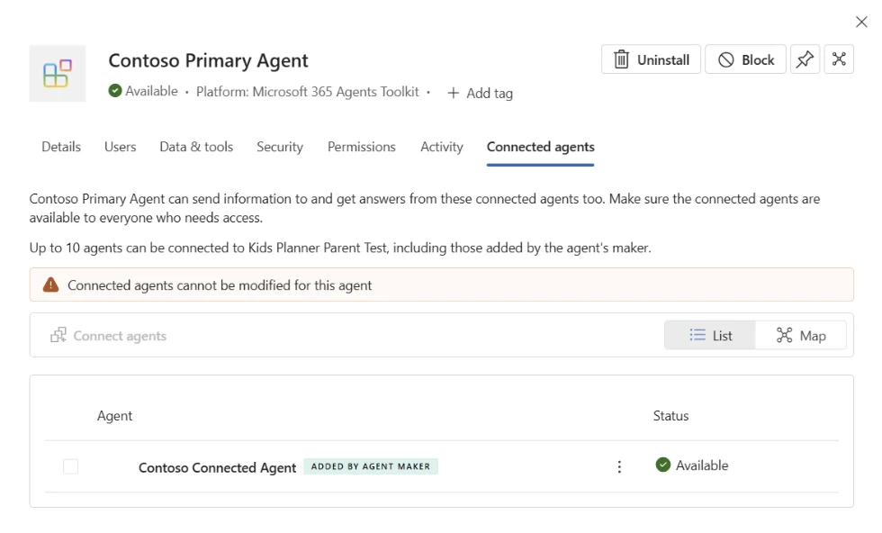 Detailansicht eines Agenten im Admin Center mit dem Reiter Connected agents und einem verbundenen Agenten im Status Available